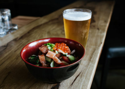 Beer and poke. Photography by Kara Stokes - Hapa Ramen & Whiskey, Portland, Oregon