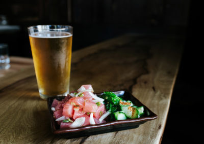 Beer and poke. Photography by Kara Stokes - Hapa Ramen & Whiskey, Portland, Oregon